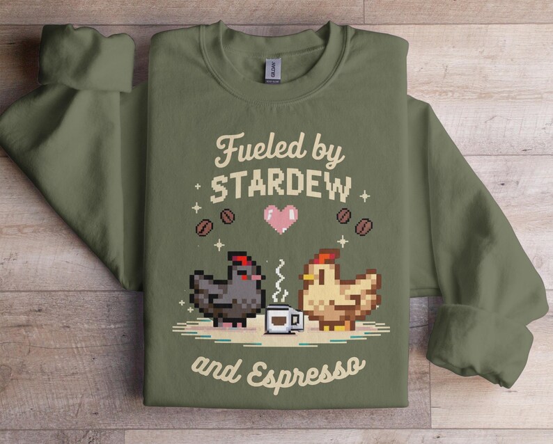 Fueled by Stardew and Espresso shirt, Cute pixel art chickens sweatshirt, Cozy gaming apparel, Stardew Valley fan gift, Coffee lovers top