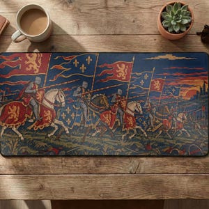 May include: A rectangular desk mat featuring a detailed illustration of medieval knights on horseback carrying red and blue flags with lion and fleur-de-lis motifs. The scene depicts a procession across a landscape under a sunset sky.