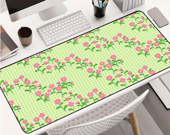 Green Gingham Floral Desk Mat with Pink Daisies and Spring Pastel Colors for Cute Aesthetic Workspace or Coquette Office Decor