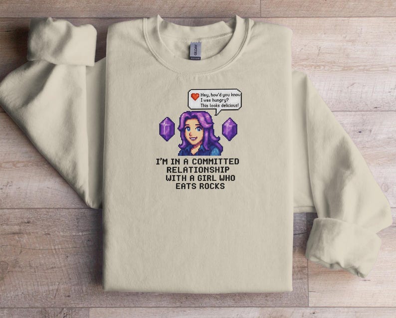Funny Gamer Sweatshirt, Committed Relationship with Girl Who Eats Rocks, Geeky Retro Video Game Apparel, Unisex Jumper