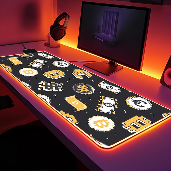 Bitcoin LED Gaming Desk Mat Non-Slip Large Mouse Pad Crypto Themed Workspace Decor Gamer Office Gift for Him and Her