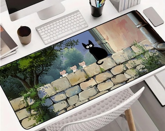 May include: A black cat with white paws sits on a stone wall with three smaller cats. The wall is made of rough, uneven stones and is covered in green vines. The background is a blurry image of a green forest.