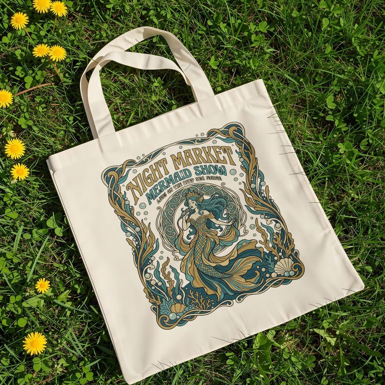 NIGHT MARKET MERMAID SHOW tote bag with ornate frame and mermaid illustration.