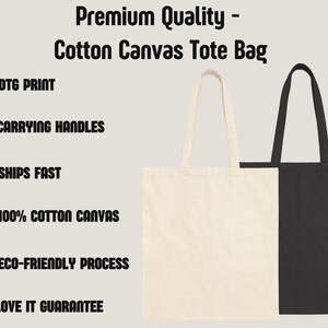 two tote bags, one white and one black, along with a list of features and benefits for the white tote bag.