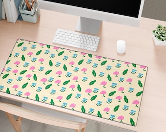 Whimsical Floral XXL Mouse Pad with Pink and Blue Flowers Aesthetic Desk Mat for Office Decor and Cozy Gaming Workspace Setup
