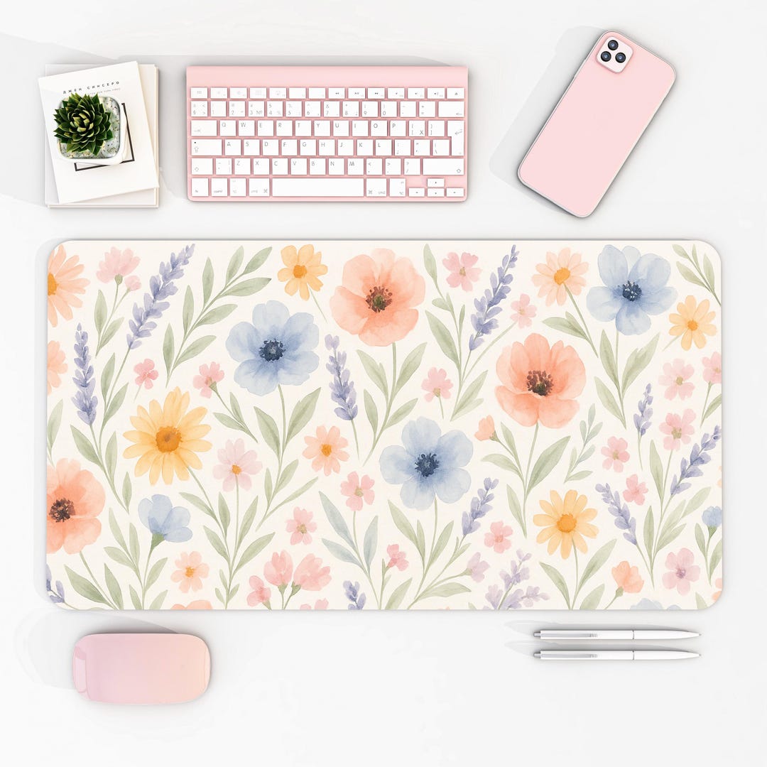 Watercolor Floral XXL Mouse Pad Pastel Desk Mat With Pink Lavender Blue ...
