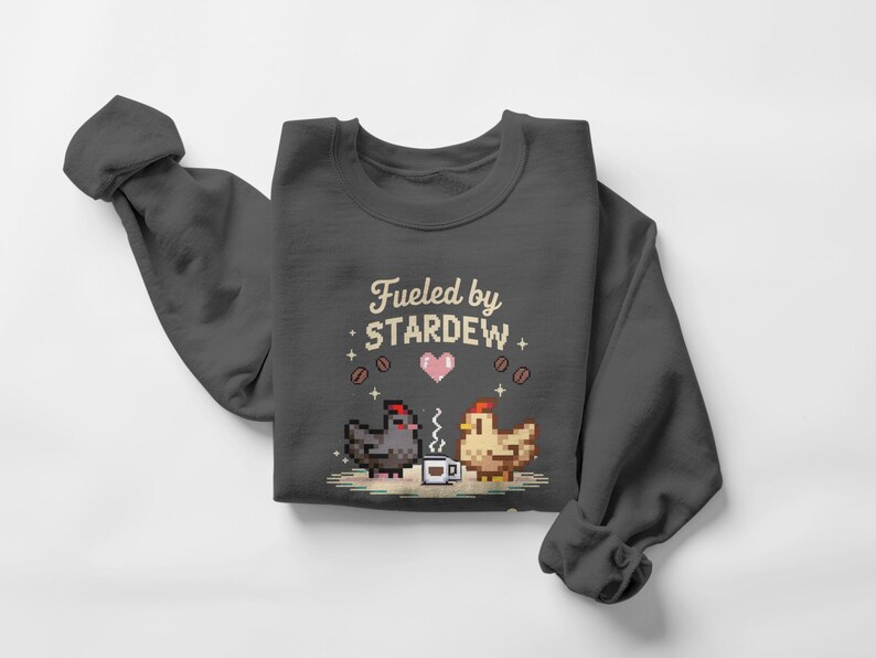 Fueled By Stardew Sweatshirt, Cozy Gamer Gift, Pixel Art Chickens Sweatshirt, Cute Chicken Farming Gamer Top, Unique Gamers Apparel