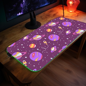 LED Space Adventure Desk Mat RGB Planets Mouse Pad Gaming Setup Cosmic Office Decor Unique Gift for Gamers and Space Enthusiasts