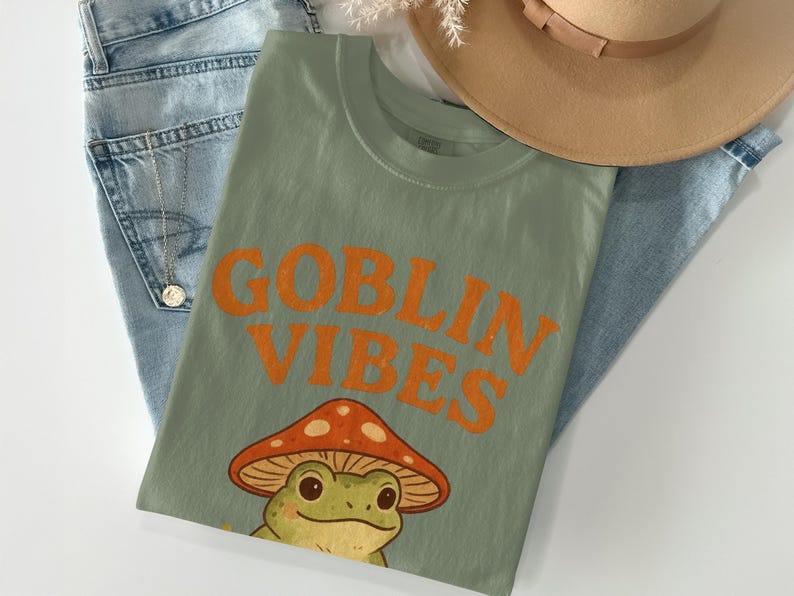 Retro Goblin Vibes Shirt, Cute Frog Graphic Tee, Mushroom Theme, Trendy Aesthetic, Casual Geeky Fashion, Fun Novelty Gift Idea