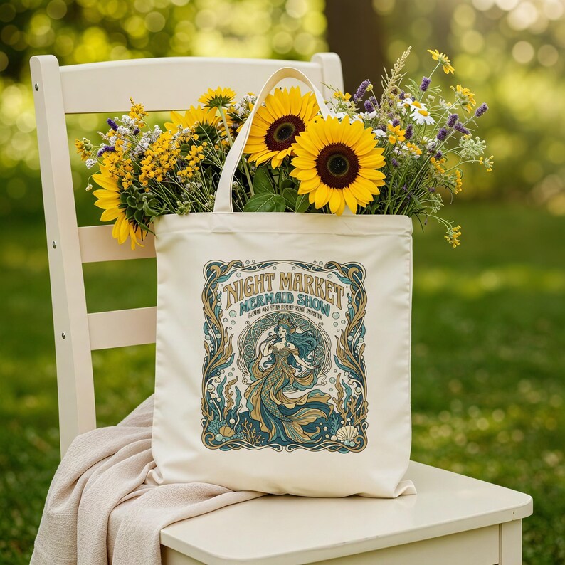 Tote bag with "Night Market Mermaid Show" design featuring a mermaid and sunflowers.