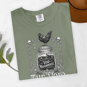 Gothic Chicken Print T-Shirt, Funny Void Mayonnaise Graphic Tee, Unique Occult Symbol Shirt, Trendy Unisex Casual Top