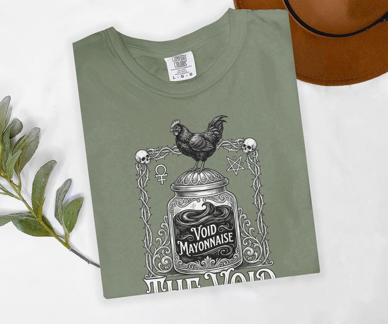 Gothic Chicken Print T-Shirt, Funny Void Mayonnaise Graphic Tee, Unique Occult Symbol Shirt, Trendy Unisex Casual Top