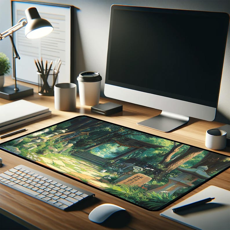 a computer desk with a mouse, keyboard, and monitor