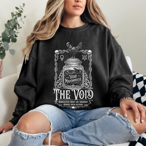 Gothic Black Sweatshirt, Void Mayonnaise Print Sweater, Unique Graphic Pullover, Casual Long Sleeve Top, Edgy Streetwear