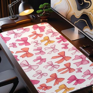 Pink Bow Desk Mat Cute Kawaii Mouse Pad Large Aesthetic Workspace Decor Gift for Her Extended Mat for Cozy Gaming & Desk Setup