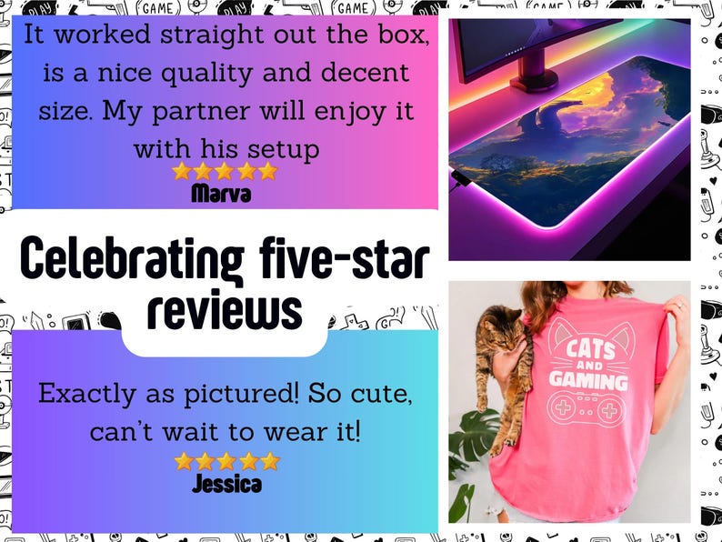 The image is a collage of three photos: a pink mouse pad with a colorful design, a person wearing a pink t-shirt with a cat and gaming-related text, and a person holding a cat.