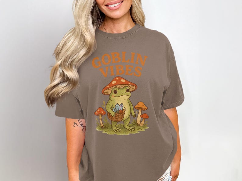 Goblin Vibes Shirt, Cute Frog Graphic Tee, Whimsical Toadstool Design, Casual Summer Outfit, Unique Fun Gift Idea