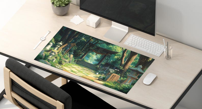 a computer desk with a mouse and keyboard on it