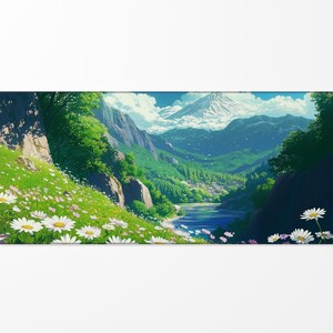 a painting of a valley with flowers and mountains in the background