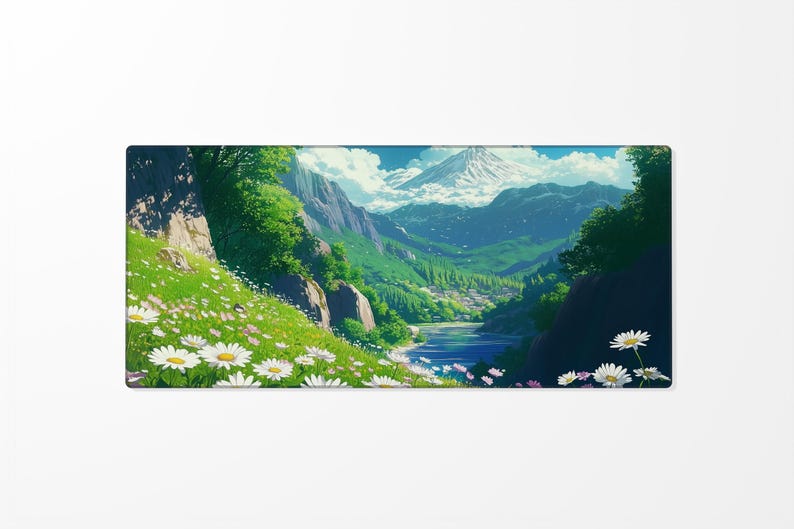 a painting of a valley with flowers and mountains in the background