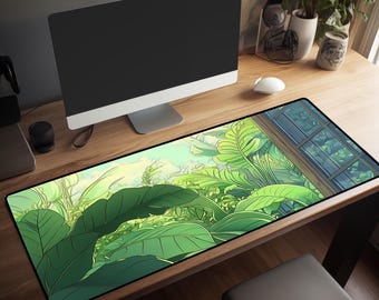 Anime Green Desk Mat Cute, Floral Cozy Lofi Vibes Perfect for Gaming Cottagecore Workspace Decor Gifts for Gamers & Office!