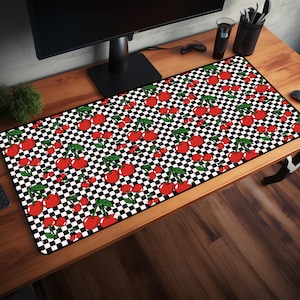 Checkerboard Cherry Desk Mat XXL Retro Mouse Pad Cute Coquette Aesthetic Desk Accessory for Gamers Students or Home Office Decor