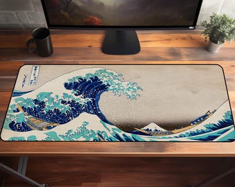 Great Wave Mouse Pad Large Japanese Art Desk Mat Inspired by Hokusai Ukiyo-e Print for Office Decor or Gaming Setup