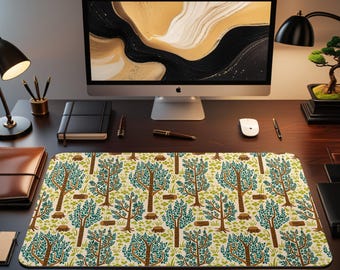 Whimsical Forest Tree Mouse Pad Large Desk Mat Nature Office Decor Green Brown Woodland Design Gift for Nature Lovers Home Workspace