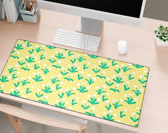 Yellow Gingham Floral Large Mouse Pad Cute Retro Desk Mat with Green White Spring Flowers Aesthetic Office Decor Gift for Her Workspace