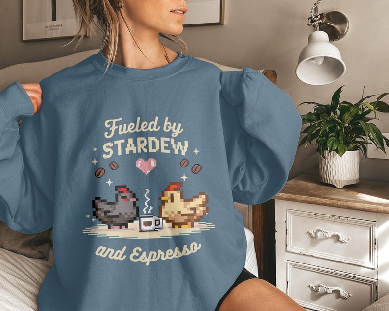 Fueled by Stardew and Espresso sweatshirt, Stardew Valley fan gift, cozy gaming apparel, pixel art hoodie for gamers