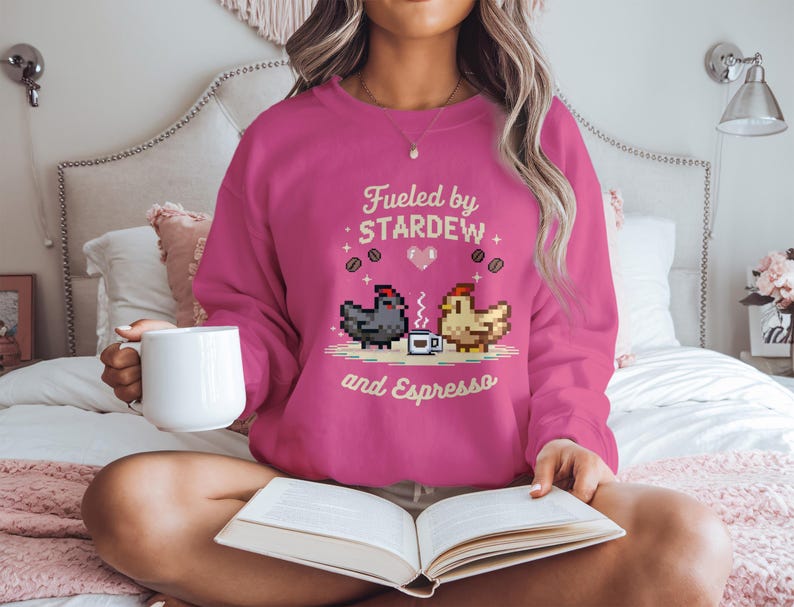 Fueled by Stardew and Espresso sweatshirt, cozy gaming sweater, cute chicken design hoodie, perfect gift for gamers, coffee lovers