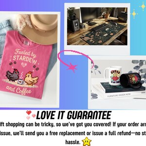 The image is a collage of three photos: a pink t-shirt with a cartoon character, a desk with a computer, and a mug with a cartoon character.