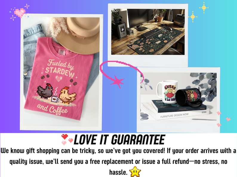 The image is a collage of three photos: a pink t-shirt with a cartoon character, a desk with a computer, and a mug with a cartoon character.