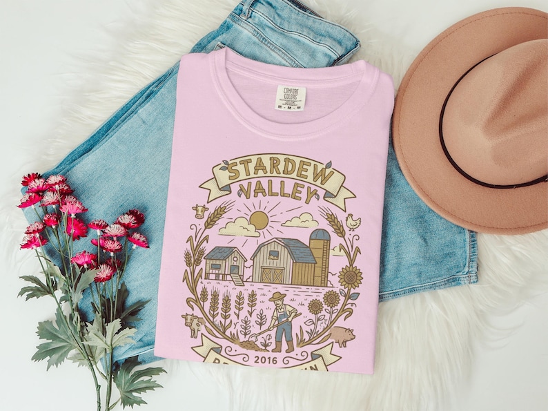 Stardew Valley Farm Life, Stardew Valley Game Merch, Farmer Design, Gaming Fan Gift, Cozy Valley Farm, Cute Animals, Barn, Sunflower, Wheat