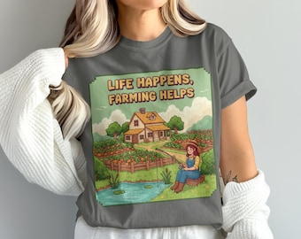 Camiseta de Stardew Valley con la frase "Life Happens Pixel Art", cómoda camiseta de videojuegos, regalo para amantes de los videojuegos, camiseta de Pelican Town, camiseta de Stardew Valley