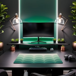 May include: A modern desk setup featuring a large curved monitor, keyboard, and mouse. A green and white wave-patterned mousepad sits in the foreground. The desk is accented with copper-toned lamps and small potted plants, creating a stylish workspace.