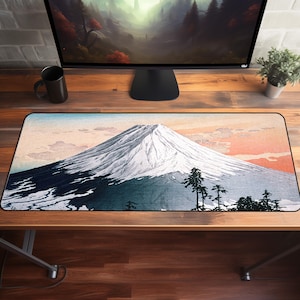 Hokusai Mount Fuji Desk Mat Large Mouse Pad with Japanese Landscape Art for Aesthetic Office Setup or Zen Inspired Gaming Workspace