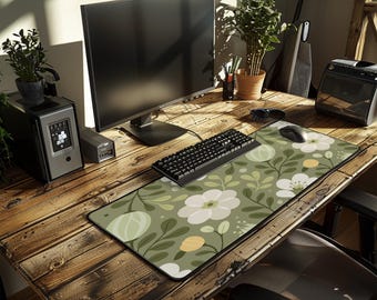 May include: A rectangular desk mat with a floral design, featuring white flowers, green leaves, and yellow accents on a sage green backdrop. The mat is placed on a wooden desk, with a keyboard, mouse, and computer monitor. The desk has a rustic, weathered appearance.