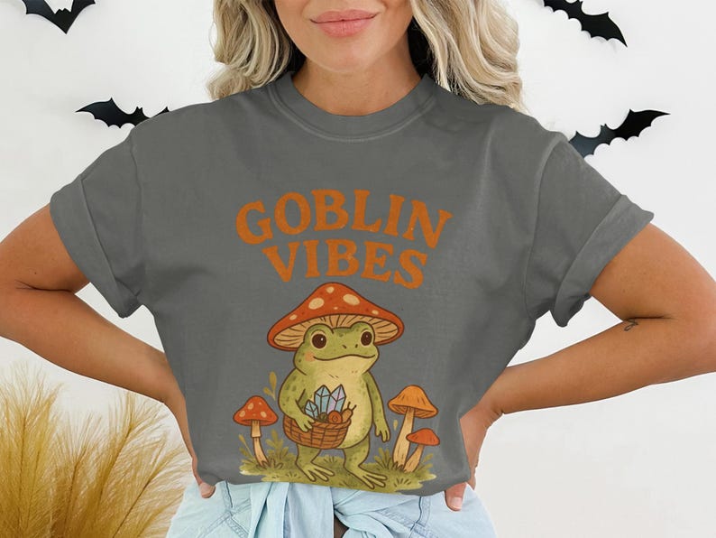 Goblin Vibes Shirt, Frog with Crystals and Mushrooms Graphic Tee, Halloween Themed Top, Cute Fall Tshirt, Witchy Frog Shirt