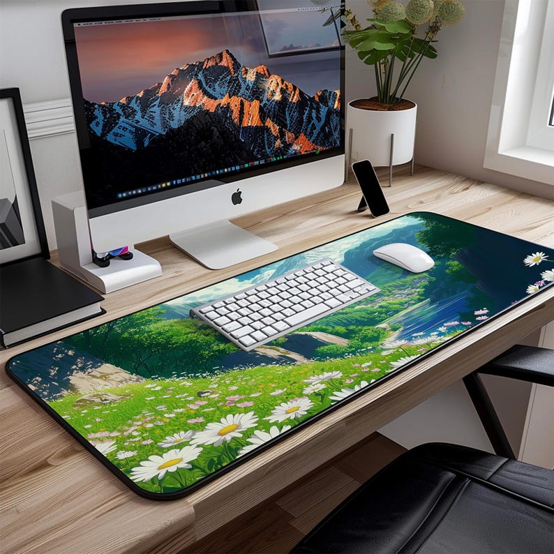 a computer desk with a keyboard and mouse pad