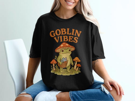 Goblin Vibes T-Shirt, Mushroom Frog Shirt, Cottagecore Shirt, Cozy Vibes Shirt, Whimsical Frog Tee, Frog Lover Gift, Fun Graphic T Shirt