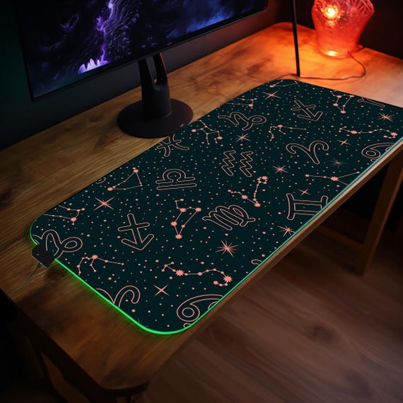 Zodiac Constellation Desk Mat RGB Gaming Pad Astrology Mouse Pad Celestial Starry Office Decor Gift for Space Lovers and Gamers