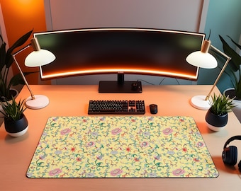 Podkładka pod myszkę w kwiaty XL żółta inspirowana stylem vintage do biura, przytulna, kawaii, dekoracja biurka