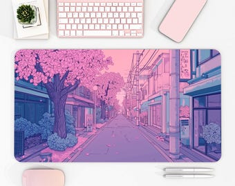 Kawaii desk mat Japanese Sakura Street Desk Mat Large Gaming Mouse Pad for Cozy Workspaces, Anime Lovers, and Kawaii Decor Gifts