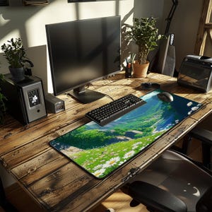 a computer desk with a mouse pad and keyboard