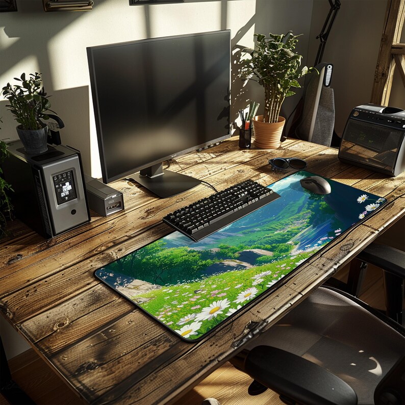 a computer desk with a mouse pad and keyboard