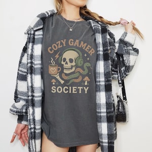 Cozy Gamer Society Shirt Funny Skull Gaming Tee with Headphones and Coffee Cup Aesthetic Comfort Colors Gift for Him or Her Gamer Style