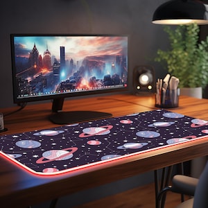 Galaxy Planets LED Mouse Pad Cosmic Gaming Desk Mat Celestial Decor for Office Large Keyboard Mat Gift for Gamers and Space Enthusiasts