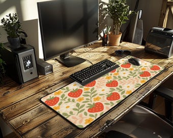Tappetino per mouse grande con motivo floreale a fragola, stile kawaii, per una ragazza gamer accogliente, un regalo estetico per la sua graziosa decorazione da scrivania per ufficio e casa.