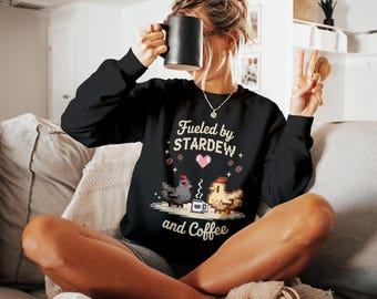 Sudadera de Stardew Valley, camiseta cómoda para videojuegos, camiseta de pollo pixelado con estampado de Stardew y café, colores cómodos, regalo para chicas gamers
